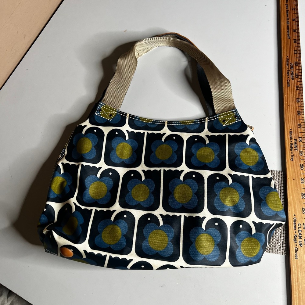 Orla Kiely Floral Bird Print Matte Laminated Canvas Shoulder Bag Blue Green Tote
